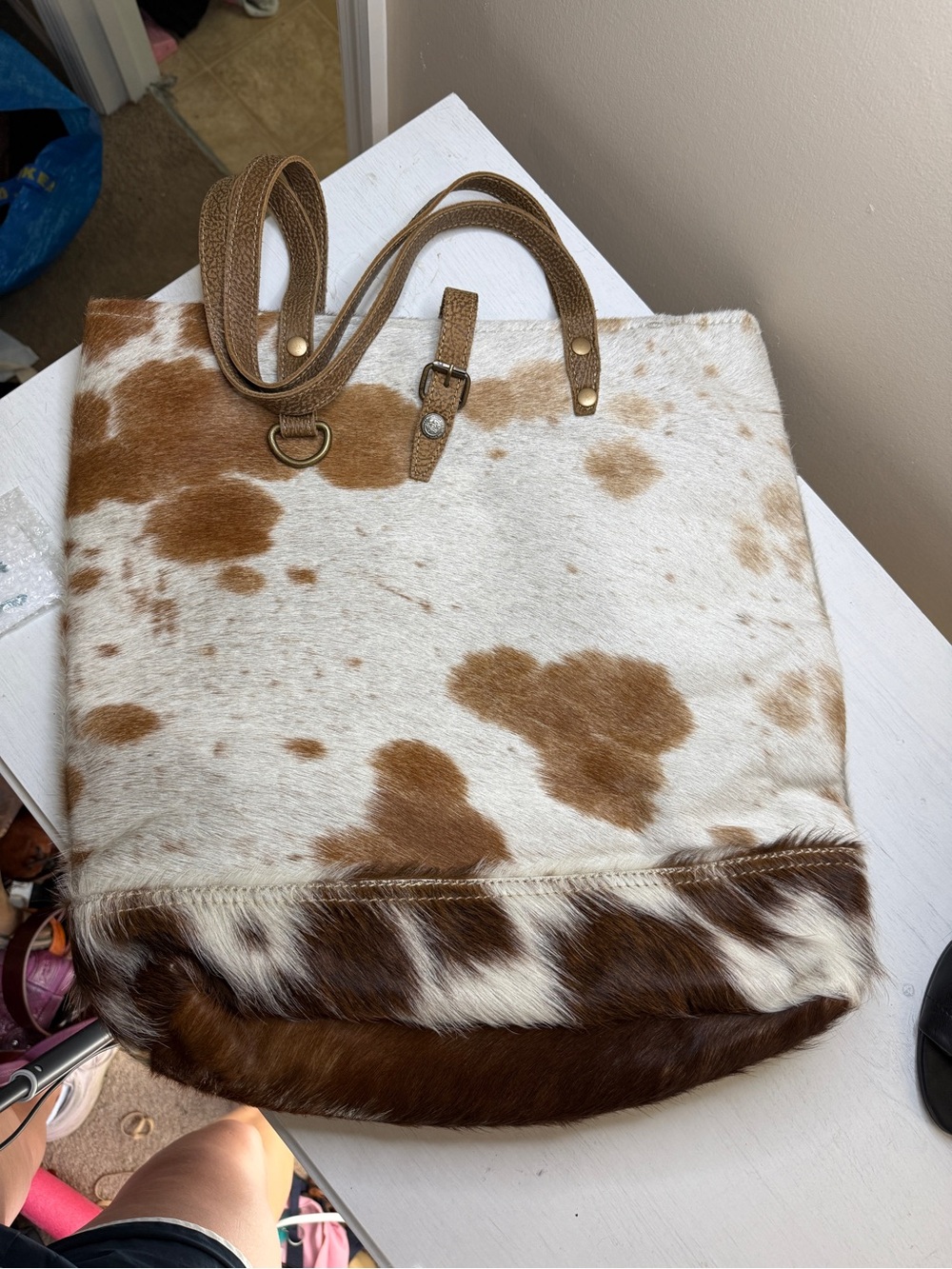 MYRA MESA TRAIL HAIRON TOTE BAG RUSTIC COWHIDE DESIGN, BROWN LEATHER HANDLES - Picture 14 of 14